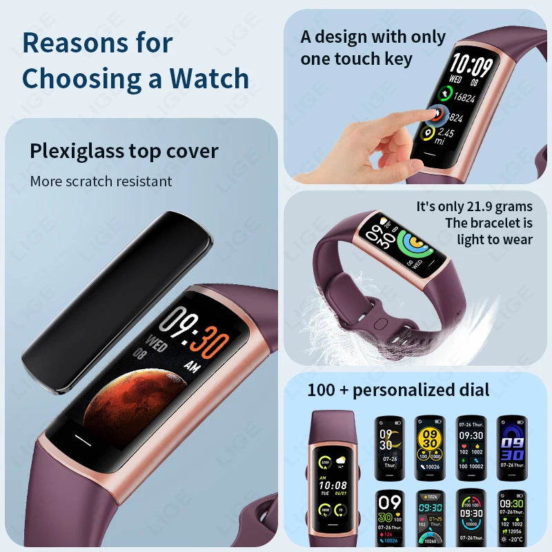 LIGE New Smart Wristband Sport Fitness Heart Rate Tracker Smartwatch AMOLED Screen Waterproof Smart Bracelet For Men Women 2026