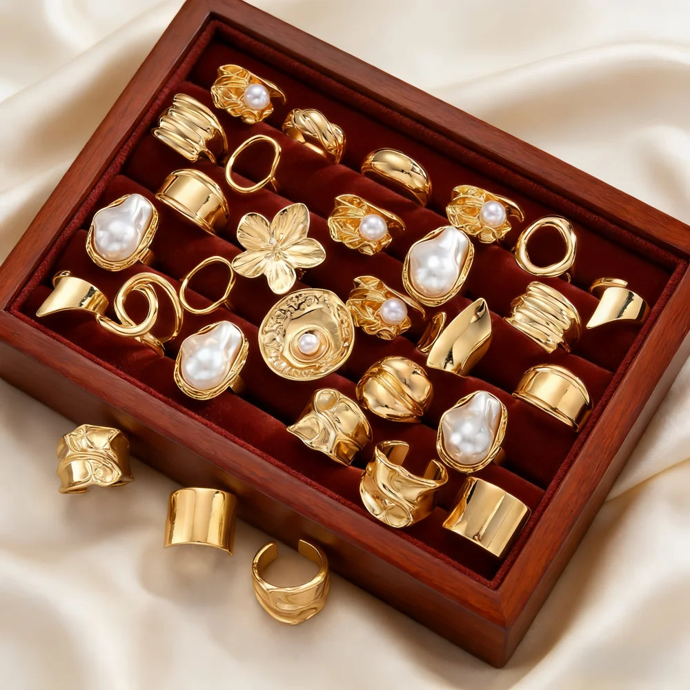 21Pcs/Lot Fashion Simple Elegant Flower Exquisite Geometry Irregular Luxury Pearl Open Rings For Women Daily Jewelry Party Gifts