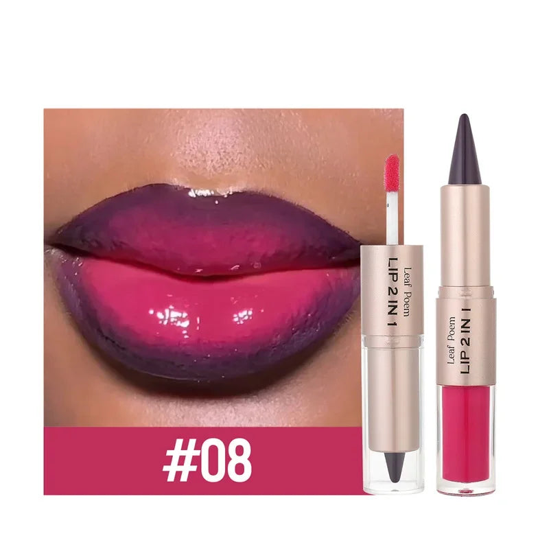 2 in1 Tapered Gradient Lipliner Pen Nude Brown Mirror Glass Lip Gloss Matte Lip Liner Waterproof Lip Contour Non Stick Makeup
