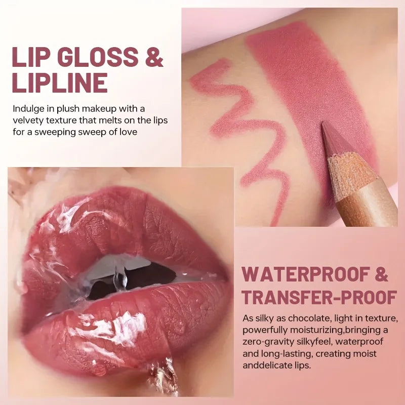 Lip Liner Pencil and Lip Gloss Combo, Velvet Finish Nude Lip Color, Waterproof Non Transfer Non Stick Cup, Long Wear Moisturizin