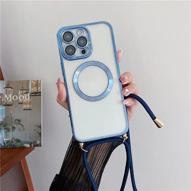 Plating Clear Magnetic For Magsafe Wireless Charging Cases For iPhone 17 16 15 14 12 13 Pro Max Crossbody Lanyard Necklace Cover