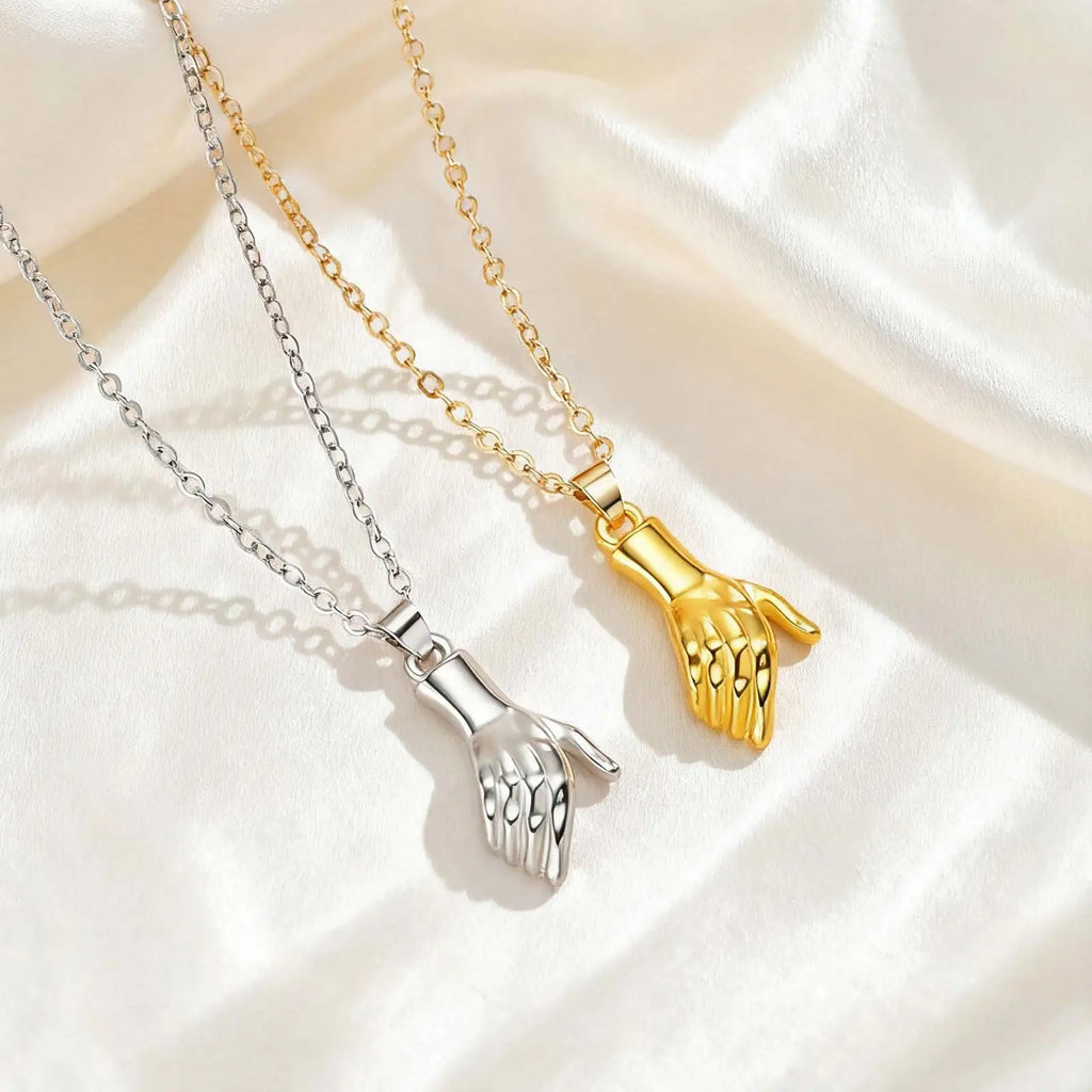 Creative Magnetic Clasp Hold Hand Pendant Necklace, Stainless Steel Hand in Hand Couples Necklace for Lover Valentine's Day Gift