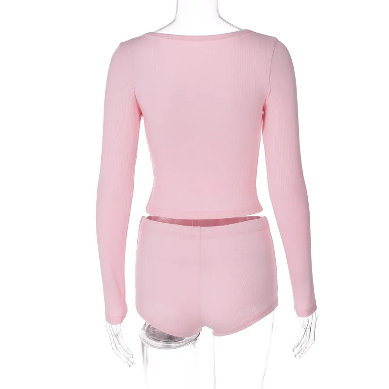 Dulzura 2024 Autumn Women Ribbed 2 Piece Set Long Sleeve T Shirt Micro Shorts Outfits Bodycon Sexy Streetwear Club Matching Suit