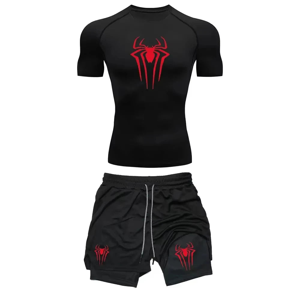 Men's Spider Graphic Workout Set Compression Top & Shorts | Quick Dry Gym Running Fitness outfit ZY0023