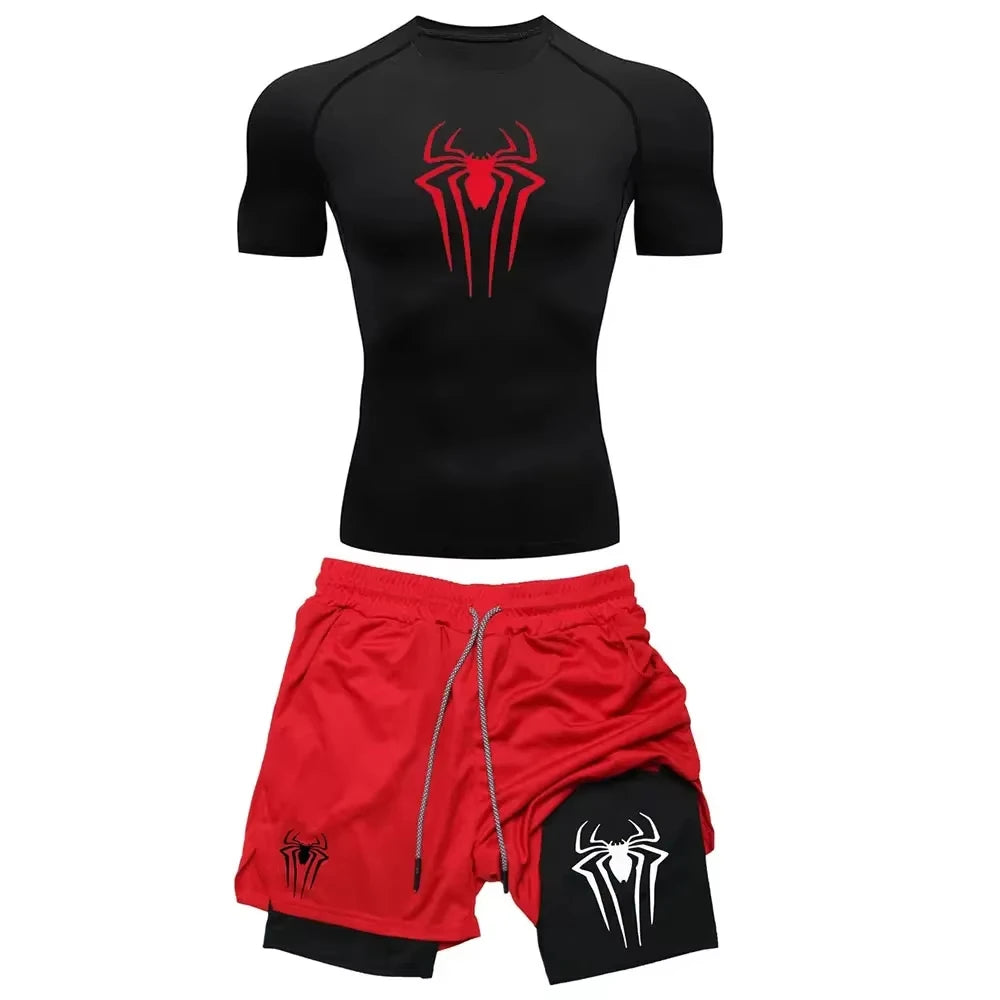 Men's Spider Graphic Workout Set Compression Top & Shorts | Quick Dry Gym Running Fitness outfit ZY0023