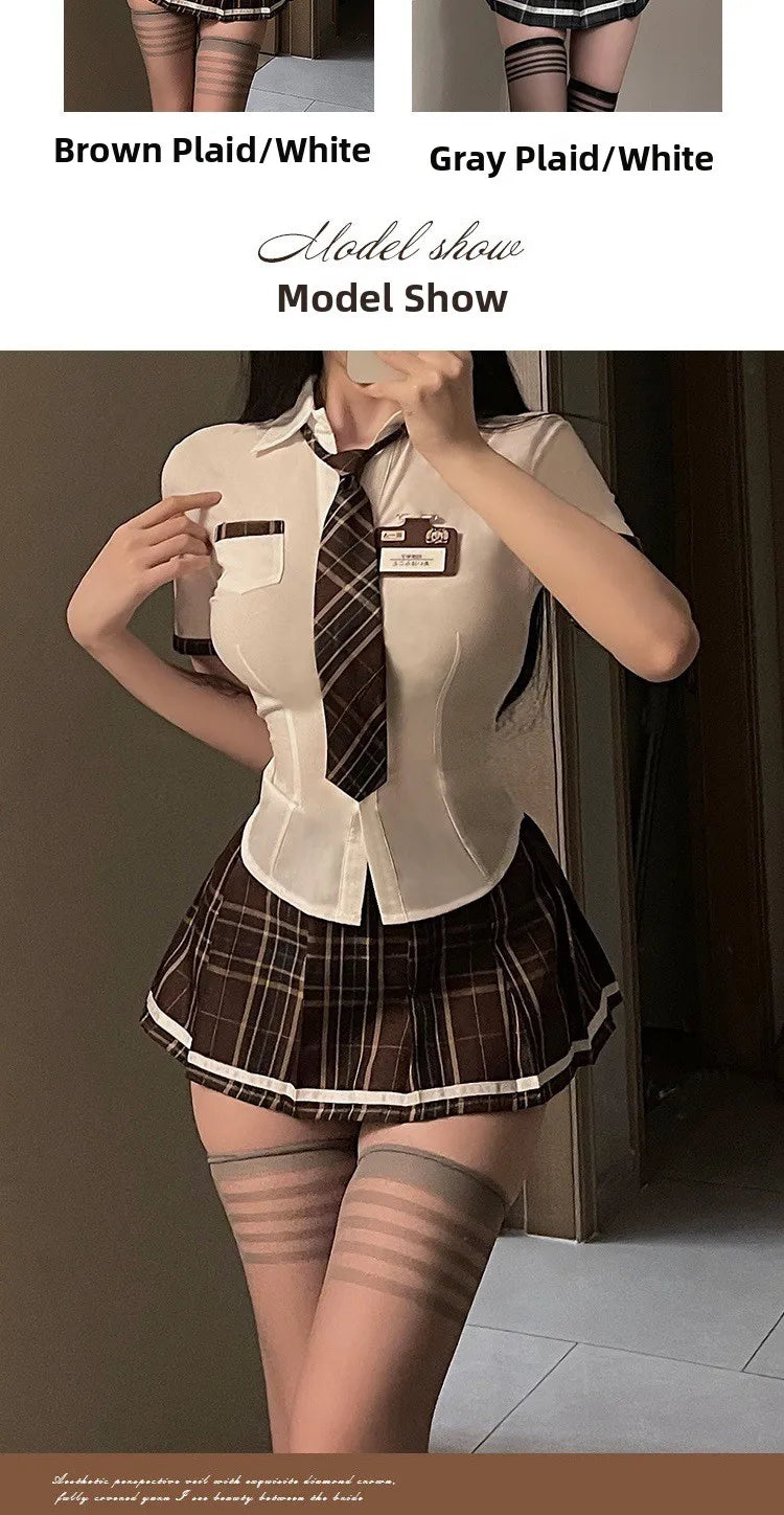Sexy Jk Uniform Plaid Short Skirt with Bowtie Women's plus Size Polyester Blend Three Quarter Sleeve School Girl Style Dress
