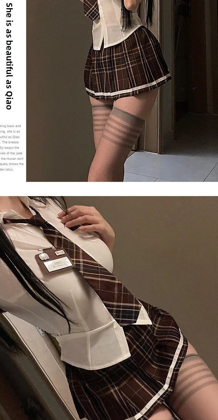 Sexy Jk Uniform Plaid Short Skirt with Bowtie Women's plus Size Polyester Blend Three Quarter Sleeve School Girl Style Dress