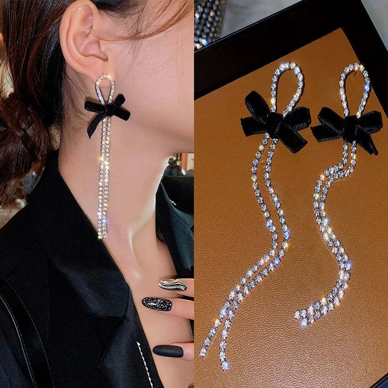 Long Bow Tassel Earrings Crystal Silver Color Drop Earrings for Women Girls Korean Cute Exaggerated Party Accessories