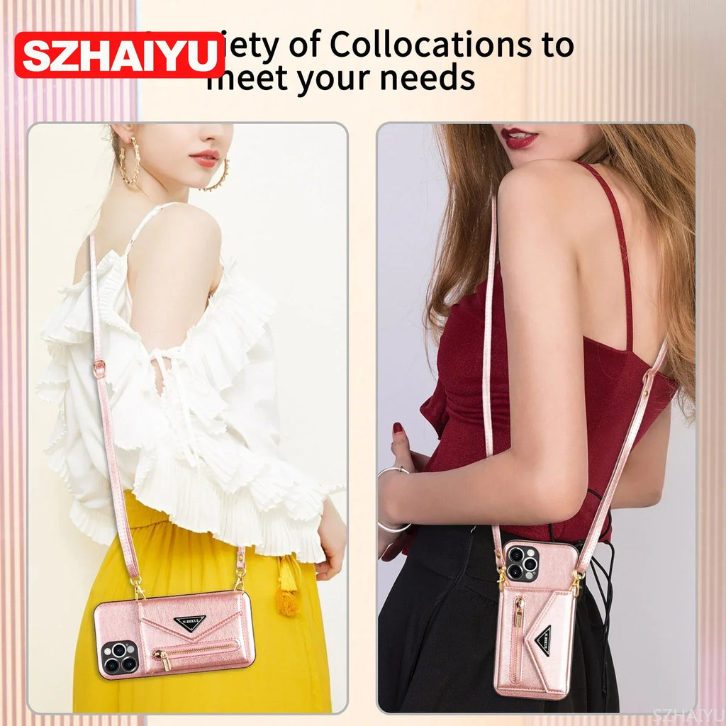 Zipper Wallet for IPhone 15 14 13 16 17 Air Pro Max 12 Mini 11 Plus Case with Card Holder Lanyard Strap Crossbody Leather Cover
