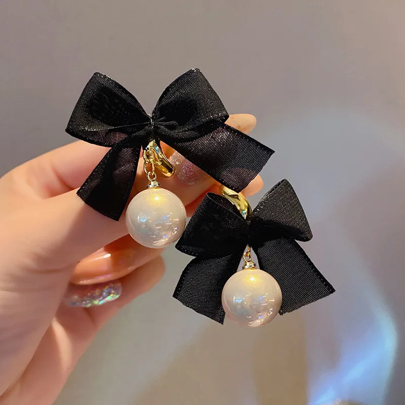 Kiss Jewelry Korean Fashion Black Velvet Bow Long Rhinestone Tassel Earrings for Women Luxury Wedding Shiny Drop Earring Gift