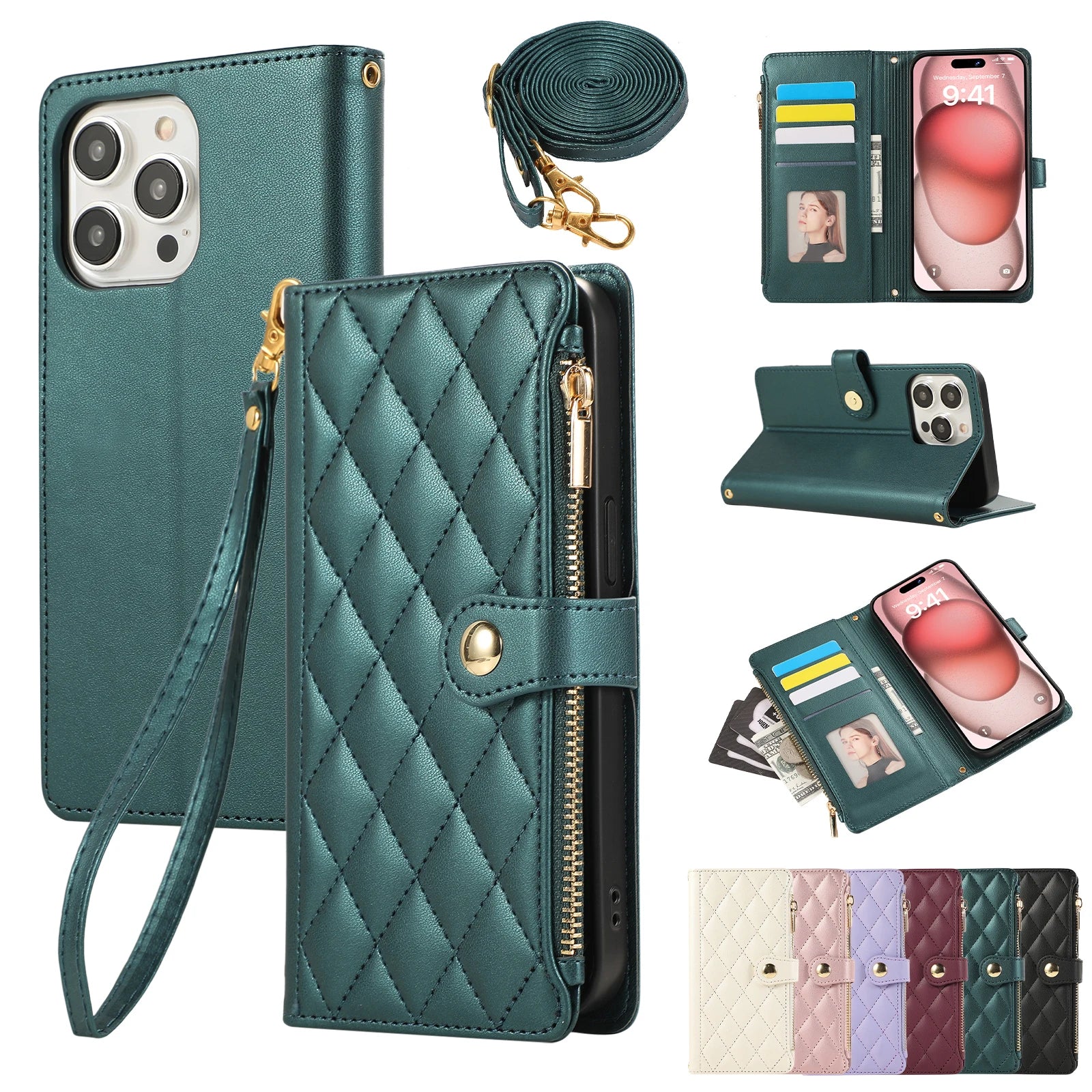 Crossbody Zipper Cards Solt Wallet Leather Case For iPhone 16 Pro Max 15 Plus 14 13 12 11 SE2022 Bag Purse Flip Book Strap Cover