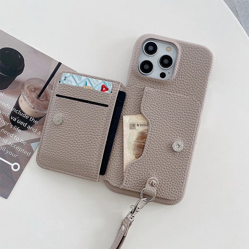 Wrist Strap Wallet Phone Case for iPhone 15 14 13 12 11 Pro Max Luxury Litchi Patterned Shockproof PU Leather Cover