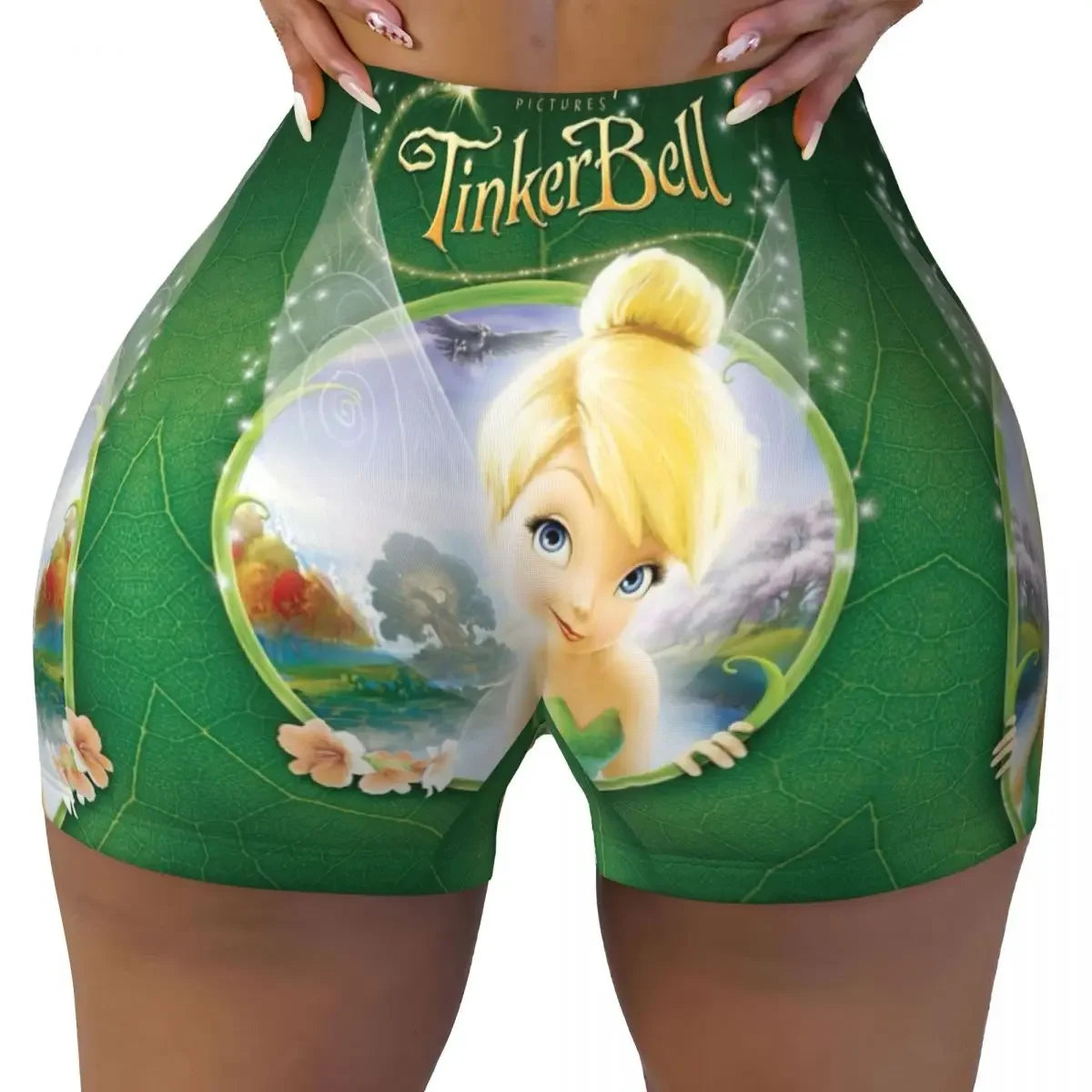 Custom Tinkerbell Green Gym Biker Running Shorts Women's Workout Yoga Shorts