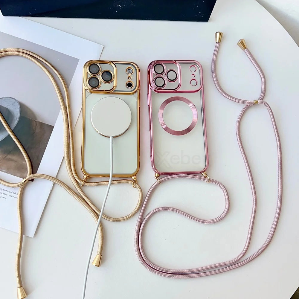 Plating Clear Magnetic For Magsafe Wireless Charging Cases For iPhone 17 16 15 14 12 13 Pro Max Crossbody Lanyard Necklace Cover