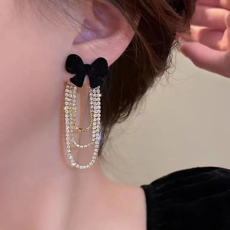 Light Luxury Rhinestone Tassel Flocked Bowknot Earrings Sweet Bow Earring For Women and Girls Party Fashion Jewelry Gifts