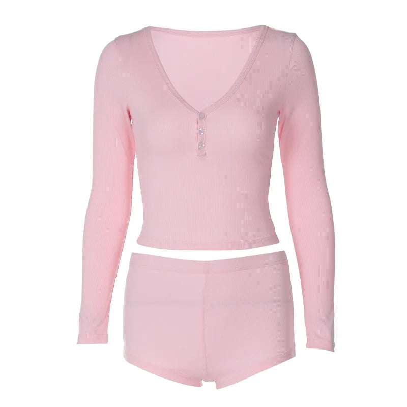 Dulzura 2024 Autumn Women Ribbed 2 Piece Set Long Sleeve T Shirt Micro Shorts Outfits Bodycon Sexy Streetwear Club Matching Suit