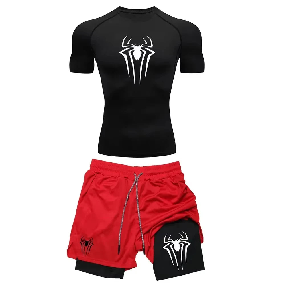 Men's Spider Graphic Workout Set Compression Top & Shorts | Quick Dry Gym Running Fitness outfit ZY0023