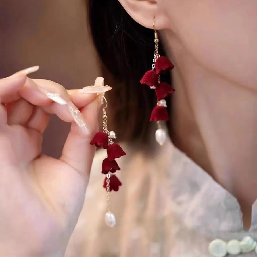 Light Luxury Rhinestone Tassel Flocked Bowknot Earrings Sweet Bow Earring For Women and Girls Party Fashion Jewelry Gifts