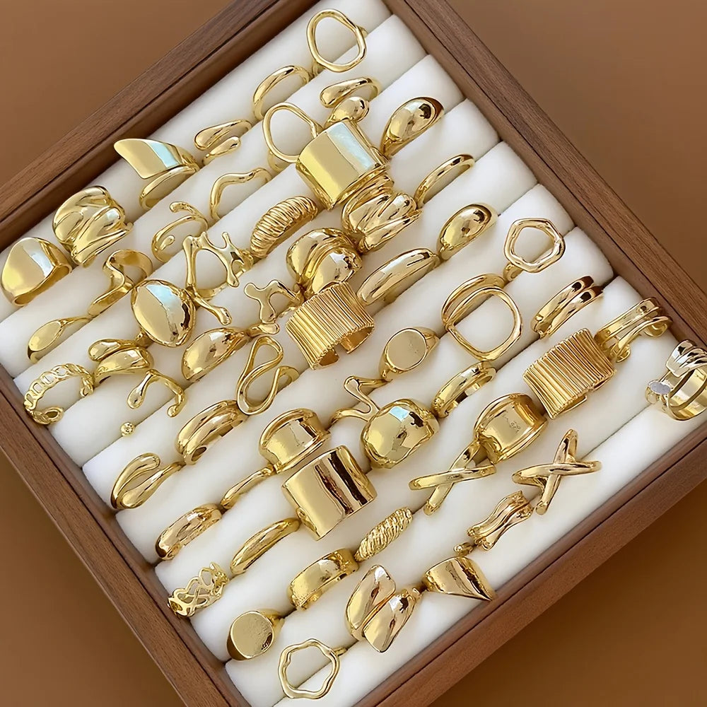 14/15 Pieces of Fashionable, Simple, Elegant, Exquisite, Retro Design, Irregular Shape, Liquid Geometric, Wide, Exaggerated, Sexy, Chubby Rings, Multi-Piece Set, Holiday, Vacation, Party, Date Gift, Daily Wear