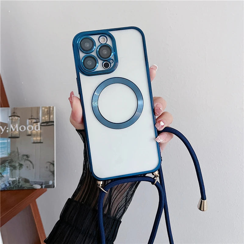 Plating Clear Magnetic For Magsafe Wireless Charging Cases For iPhone 17 16 15 14 12 13 Pro Max Crossbody Lanyard Necklace Cover