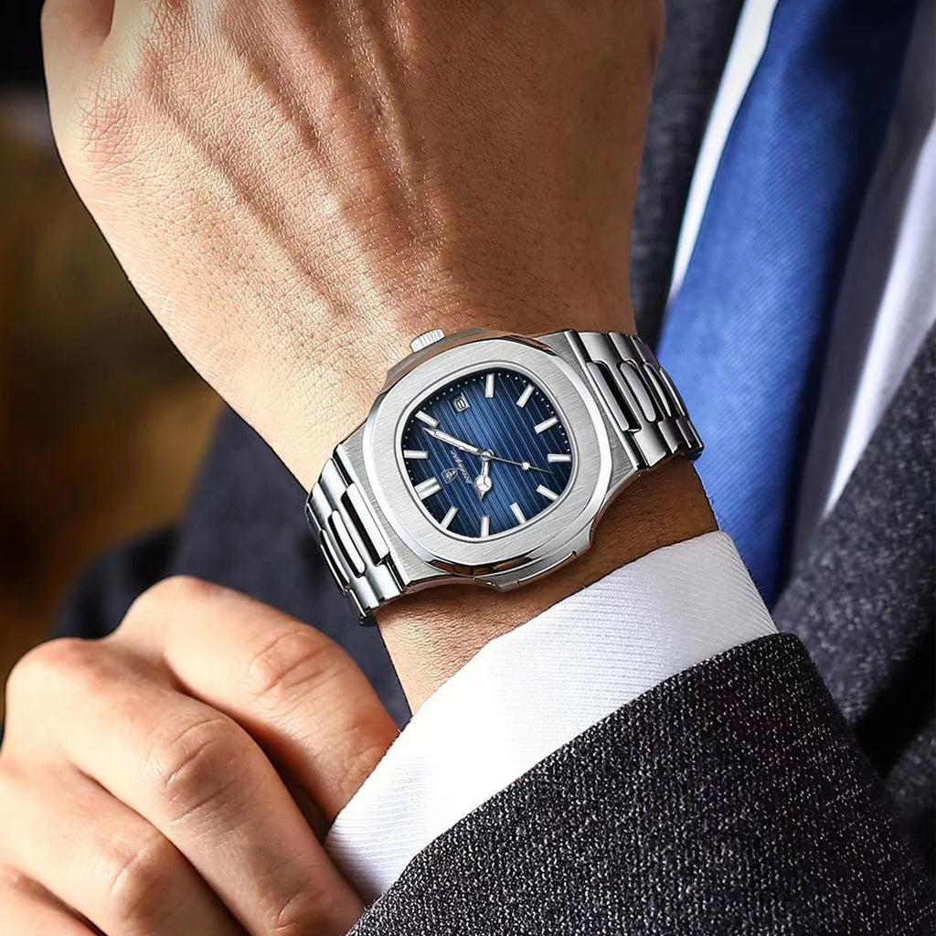POEDAGAR Square Luxury Men Wristwatch Waterproof Luminous Date Stainless Steel Male Clock Business Sports Quartz Watches For Men