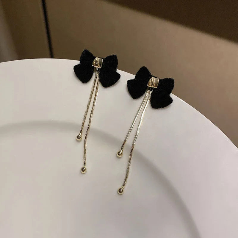 Light Luxury Rhinestone Tassel Flocked Bowknot Earrings Sweet Bow Earring For Women and Girls Party Fashion Jewelry Gifts