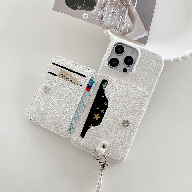Wrist Strap Wallet Phone Case for iPhone 15 14 13 12 11 Pro Max Luxury Litchi Patterned Shockproof PU Leather Cover