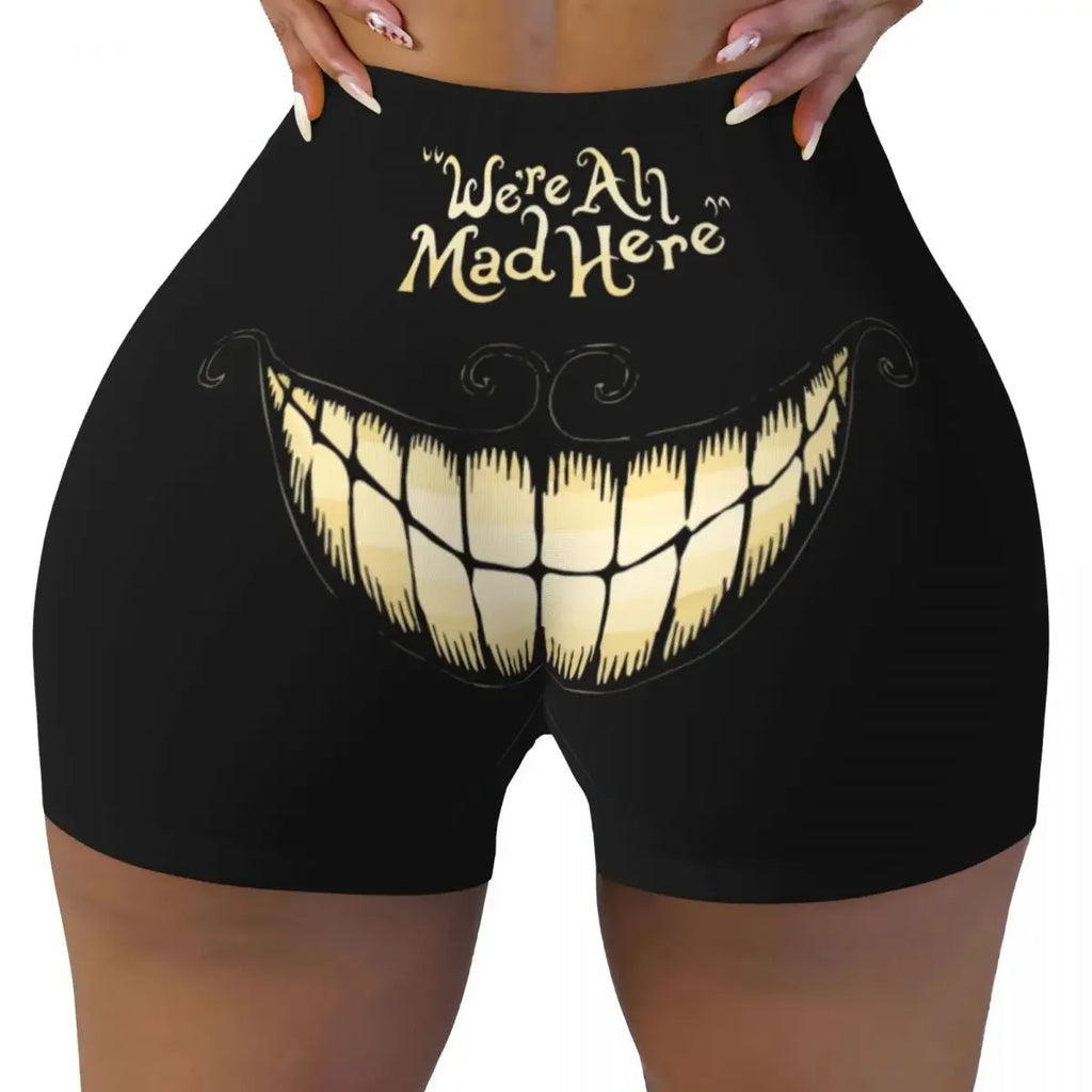 Custom Women's Trippy Striped Cat Workout Yoga Shorts Cheshire Cat Cartoon Gym Athletic Volleyball Biker Shorts