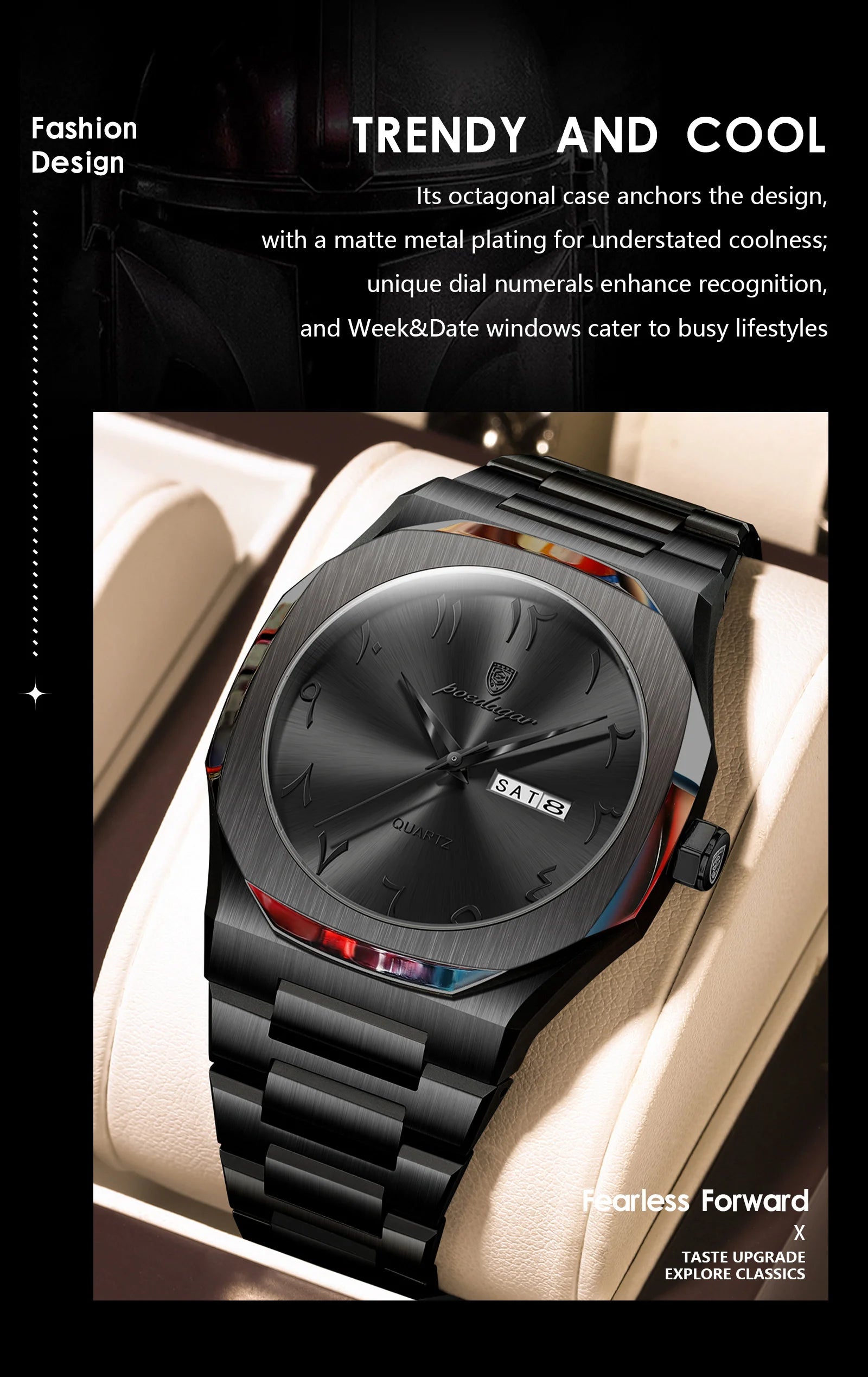 POEDAGAR Fashion High Quality Men Clock Date Week Waterproof Watch For Man Quartz Stainless Steel Luxury Men's Watches Reloj+Box