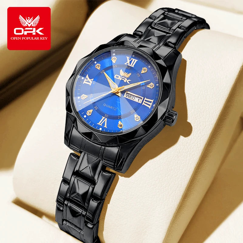 OPK Brand women's steel strip quartz watch dual calendar waterproof night light 6023