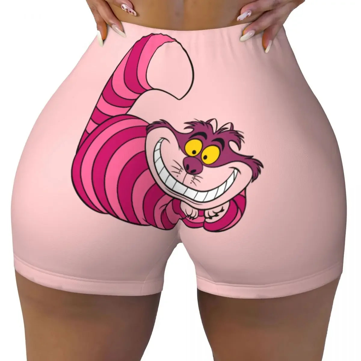 Custom Women's Trippy Striped Cat Workout Yoga Shorts Cheshire Cat Cartoon Gym Athletic Volleyball Biker Shorts