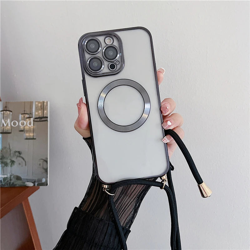 Plating Clear Magnetic For Magsafe Wireless Charging Cases For iPhone 17 16 15 14 12 13 Pro Max Crossbody Lanyard Necklace Cover