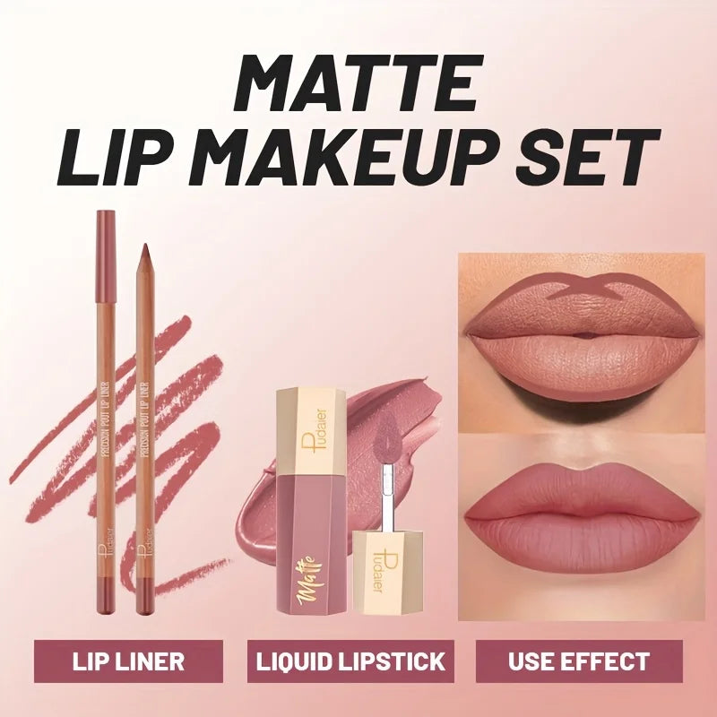 Lip Liner Pencil and Lip Gloss Combo, Velvet Finish Nude Lip Color, Waterproof Non Transfer Non Stick Cup, Long Wear Moisturizin