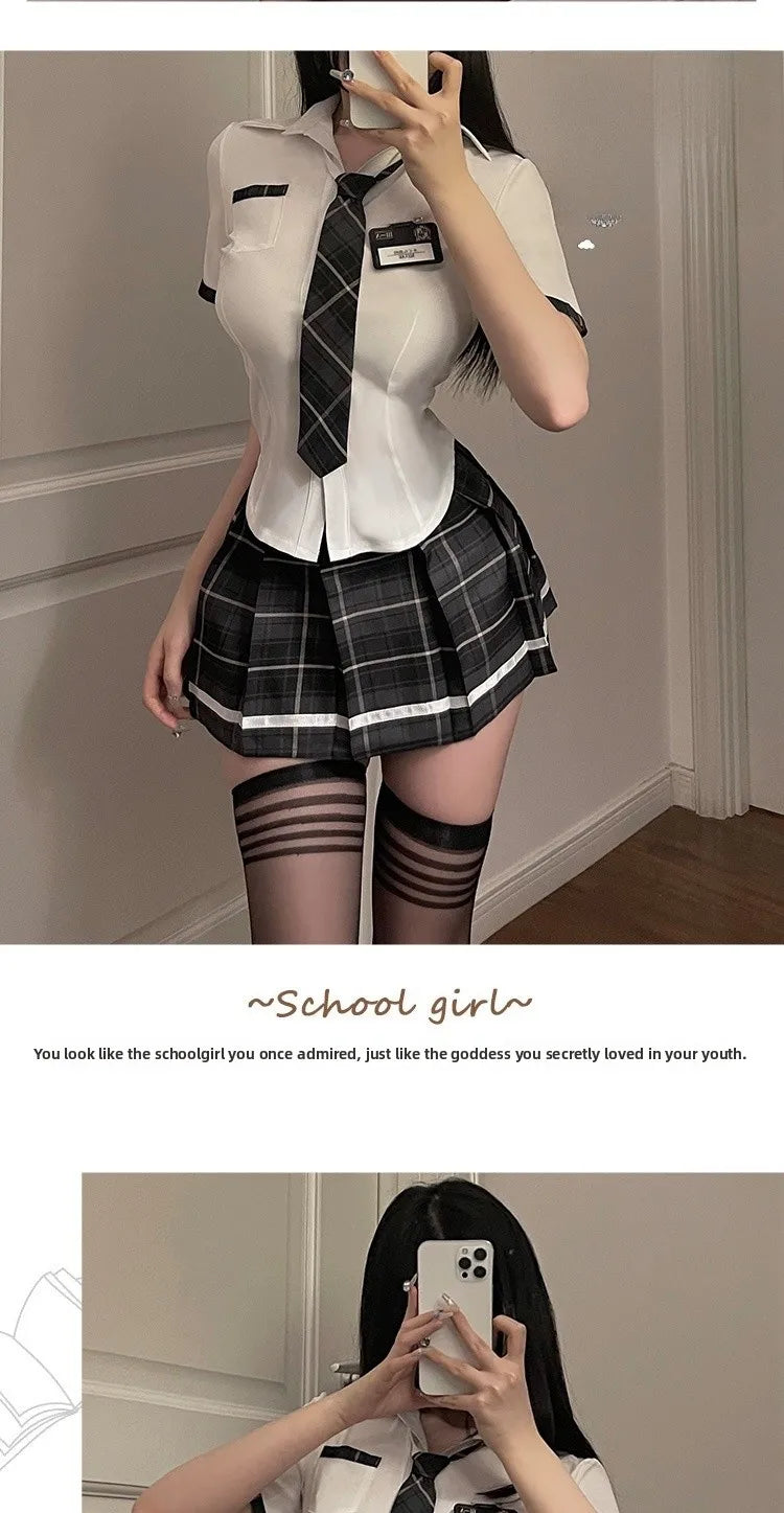 Sexy Jk Uniform Plaid Short Skirt with Bowtie Women's plus Size Polyester Blend Three Quarter Sleeve School Girl Style Dress