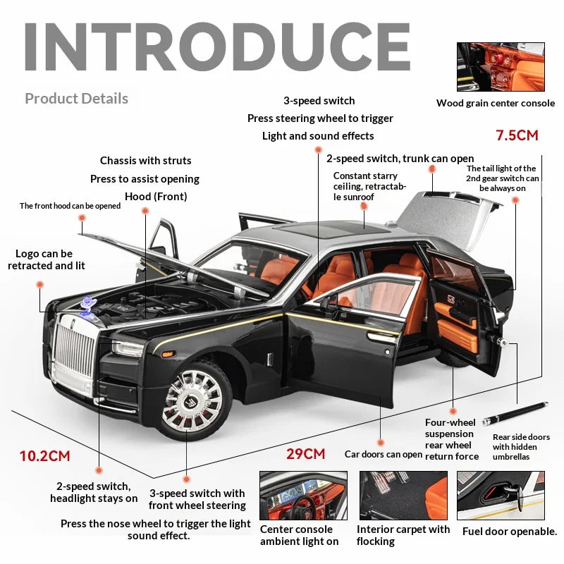 1:18 Rolls-Royce Phantom Model Car, Zinc Alloy Pull Back Toy Diecast Car with Sound and Light, Realistic Modeling Model Toy