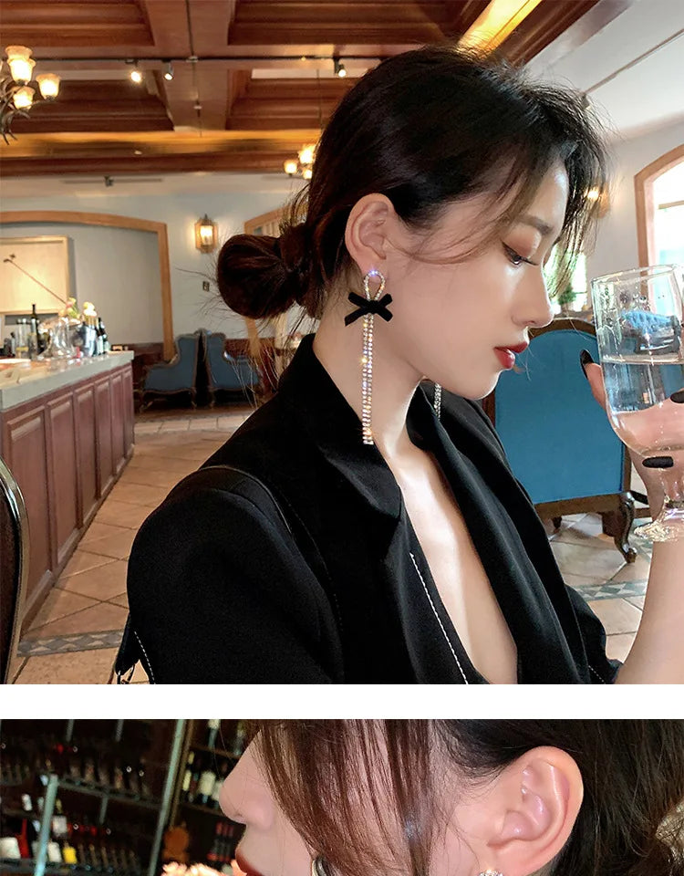 Kiss Jewelry Korean Fashion Black Velvet Bow Long Rhinestone Tassel Earrings for Women Luxury Wedding Shiny Drop Earring Gift