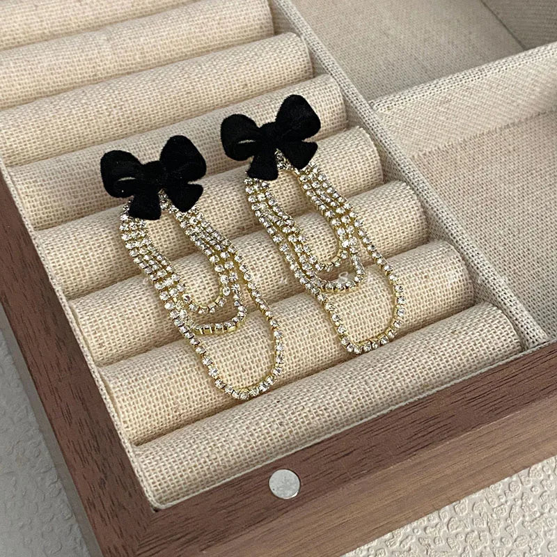 Light Luxury Rhinestone Tassel Flocked Bowknot Earrings Sweet Bow Earring For Women and Girls Party Fashion Jewelry Gifts