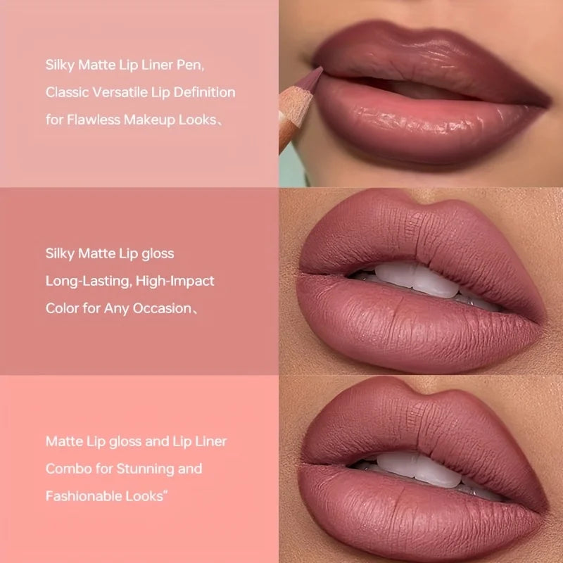 Lip Liner Pencil and Lip Gloss Combo, Velvet Finish Nude Lip Color, Waterproof Non Transfer Non Stick Cup, Long Wear Moisturizin