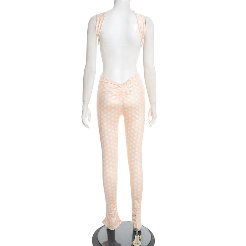 FAGADOER Fashion Polka Dot Print Two Piece Sets Women Sleeveless Backless Tube And Skinny Pants Outfits Sexy Trend Streetwear