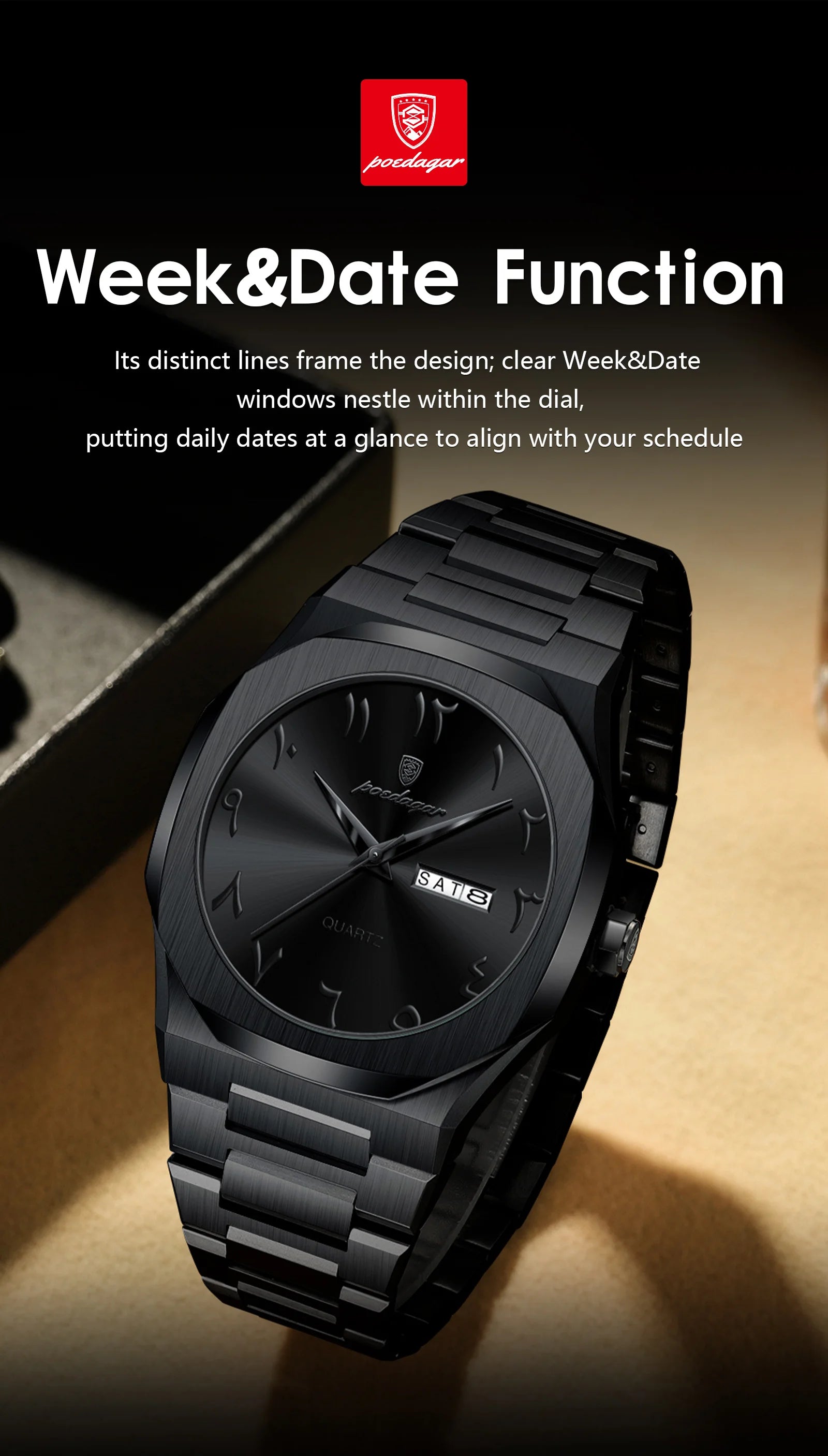 POEDAGAR Fashion High Quality Men Clock Date Week Waterproof Watch For Man Quartz Stainless Steel Luxury Men's Watches Reloj+Box