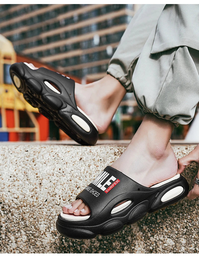 Men Thick Sole Summer Beach Slides Bathroom Anti Slip Slipper Soft Sandals Simplicity Ultra Light Letter Shoes Men Slippers