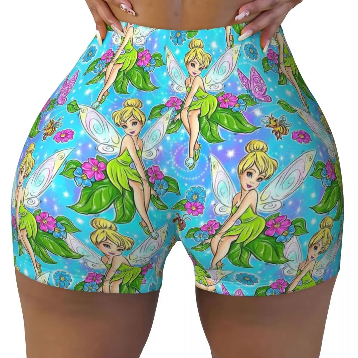 Custom Tinkerbell Green Gym Biker Running Shorts Women's Workout Yoga Shorts