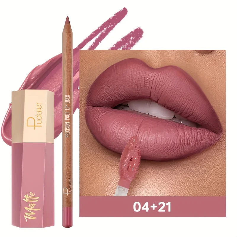Lip Liner Pencil and Lip Gloss Combo, Velvet Finish Nude Lip Color, Waterproof Non Transfer Non Stick Cup, Long Wear Moisturizin