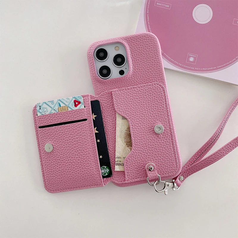 Wrist Strap Wallet Phone Case for iPhone 15 14 13 12 11 Pro Max Luxury Litchi Patterned Shockproof PU Leather Cover