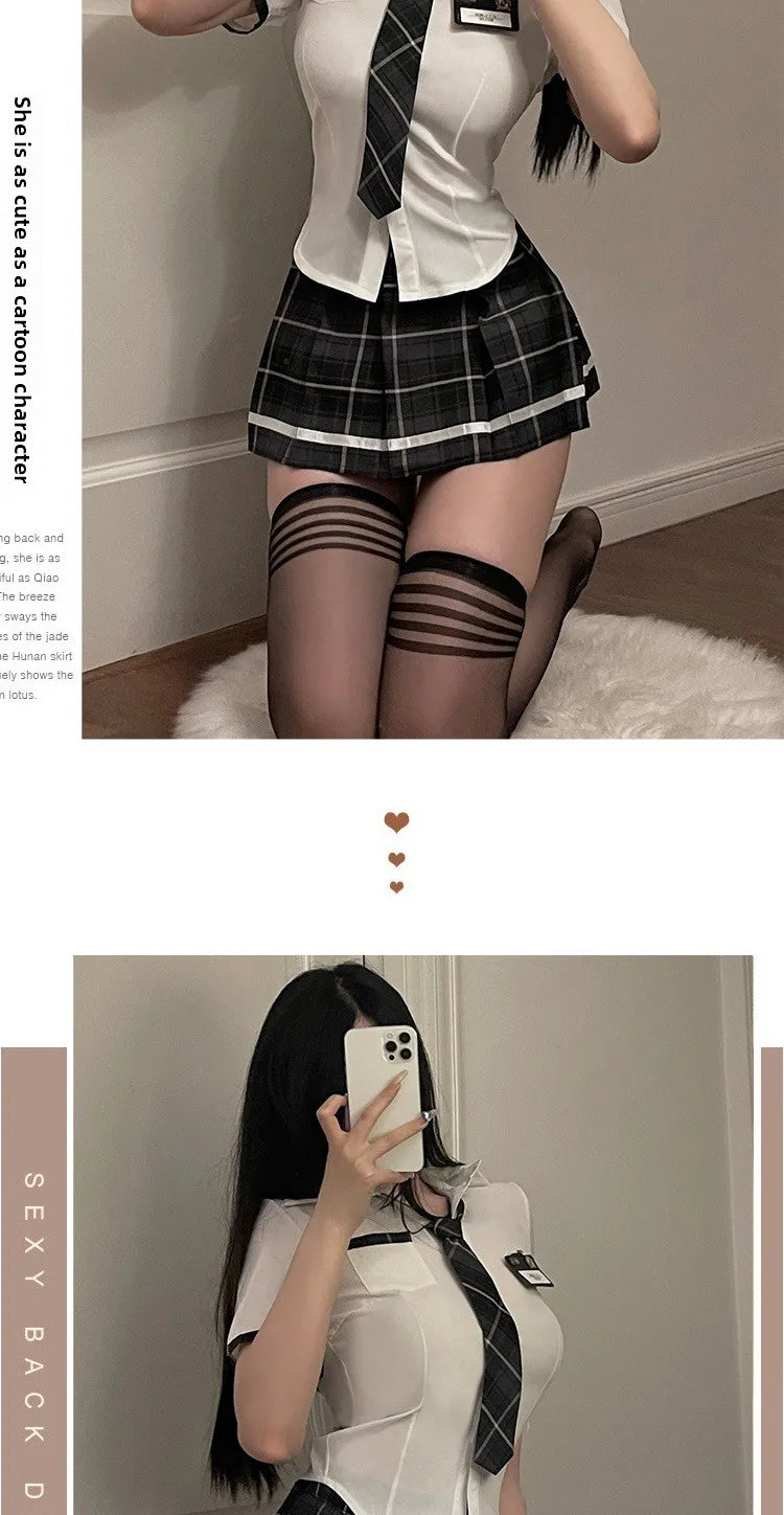 Sexy Jk Uniform Plaid Short Skirt with Bowtie Women's plus Size Polyester Blend Three Quarter Sleeve School Girl Style Dress