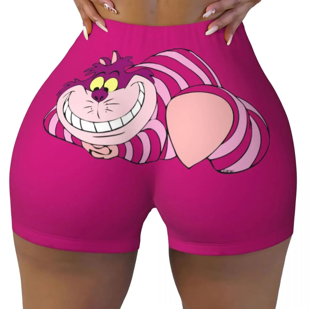 Custom Women's Trippy Striped Cat Workout Yoga Shorts Cheshire Cat Cartoon Gym Athletic Volleyball Biker Shorts