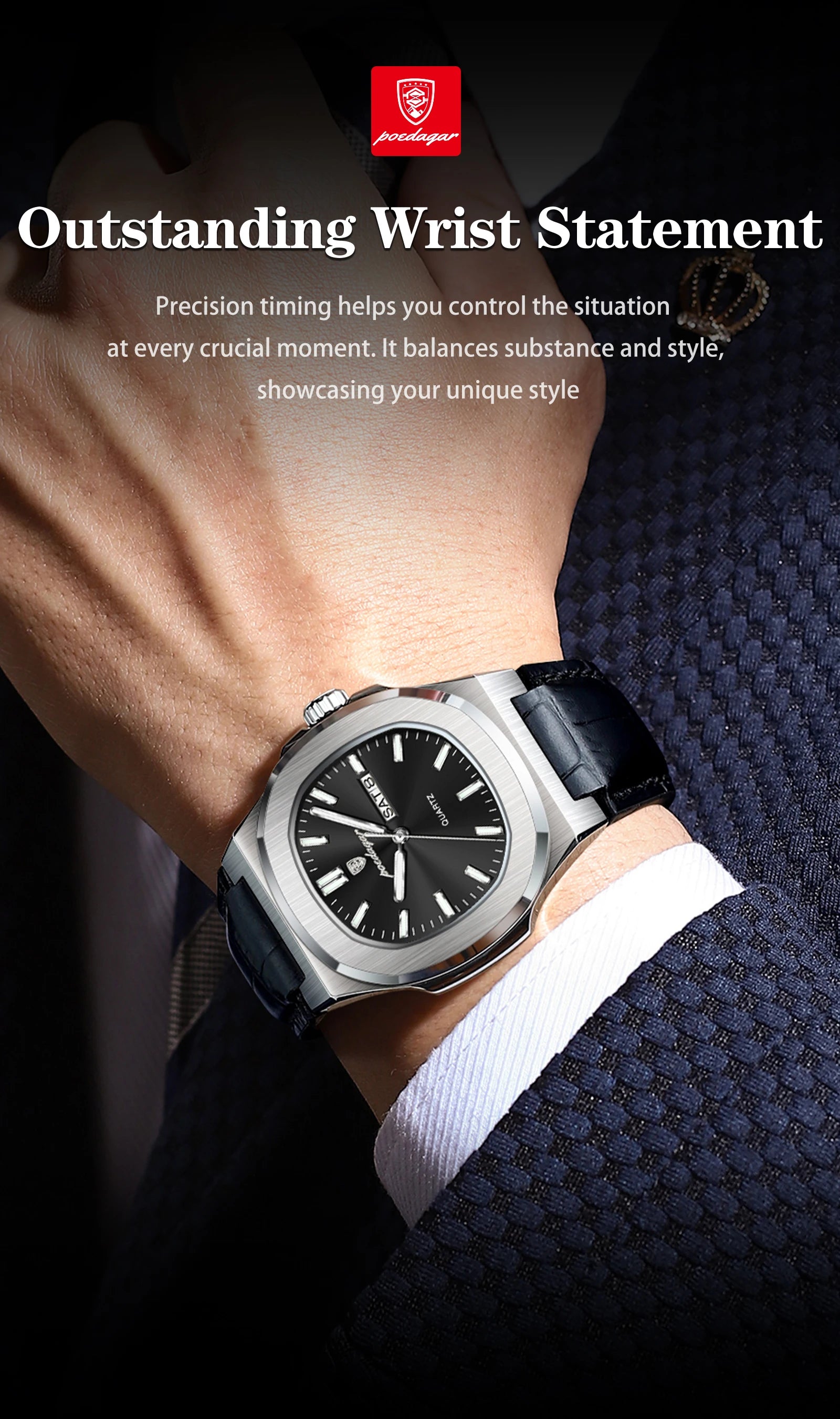 POEDAGAR Fashion Wristwatch For Boyfriend Luminous Waterproof Week Calendar Business Couple Watches Leather Luxury Men's Watches