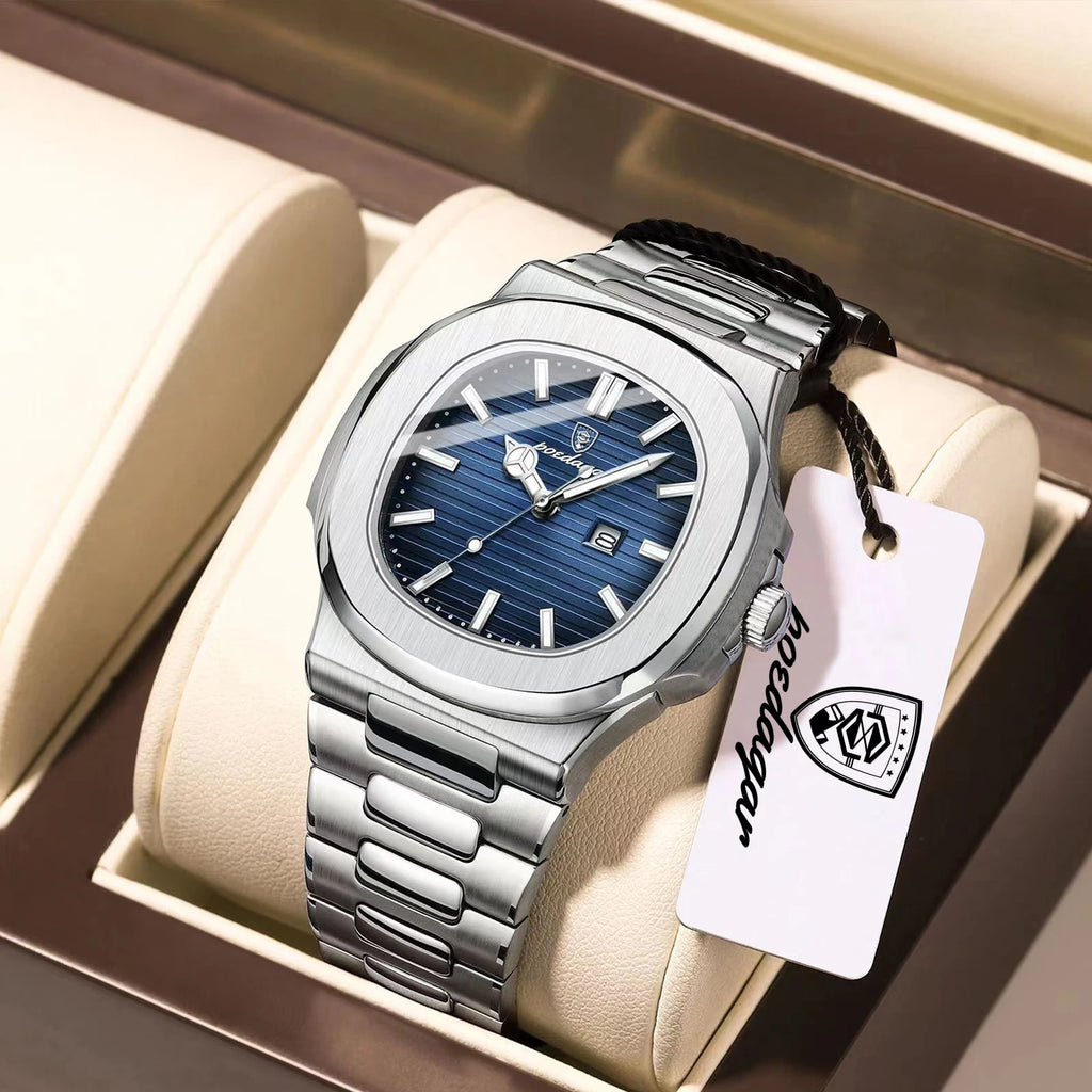POEDAGAR Square Luxury Men Wristwatch Waterproof Luminous Date Stainless Steel Male Clock Business Sports Quartz Watches For Me