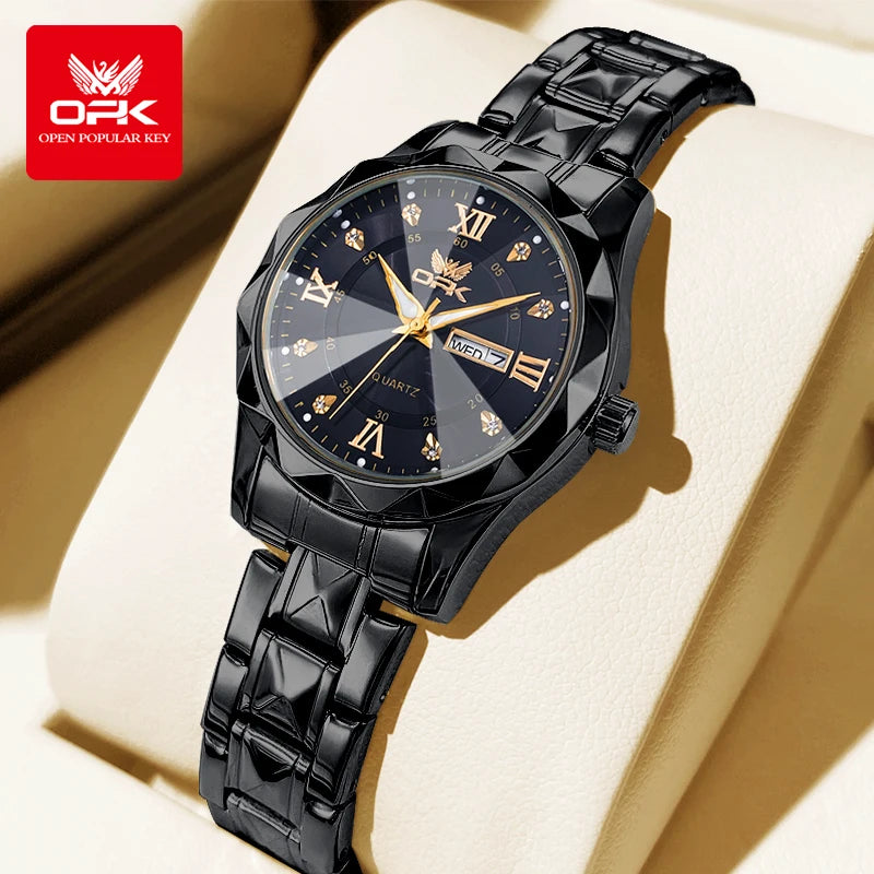 OPK Brand women's steel strip quartz watch dual calendar waterproof night light 6023