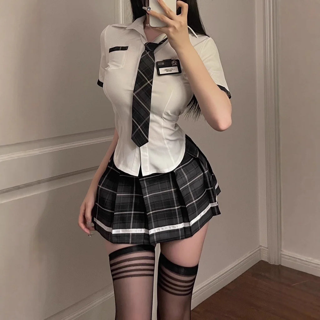 Sexy Jk Uniform Plaid Short Skirt with Bowtie Women's plus Size Polyester Blend Three Quarter Sleeve School Girl Style Dress